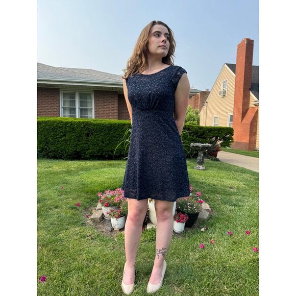 INC Navy Blue Lace Sleeveless Party Dress Size 4 Rhinestones Back Zipper Closure - Picture 12 of 14